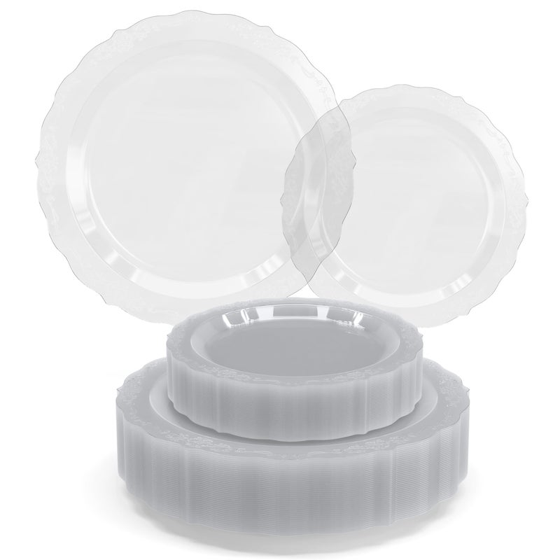 Exquisite Victorian Plastic Plates 80 Piece Plastic Disposable Plates for Party Set For 40 Guests 40 X 7.5 inch Dessert Plates & 40 X 10.25 Inch Plastic Plates Disposable Heavy Duty Clear Plates - Image 1